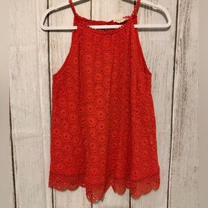 Solitaire Boho Orange Geometric Eyelet Lace Halter Sleeveless Top Size L